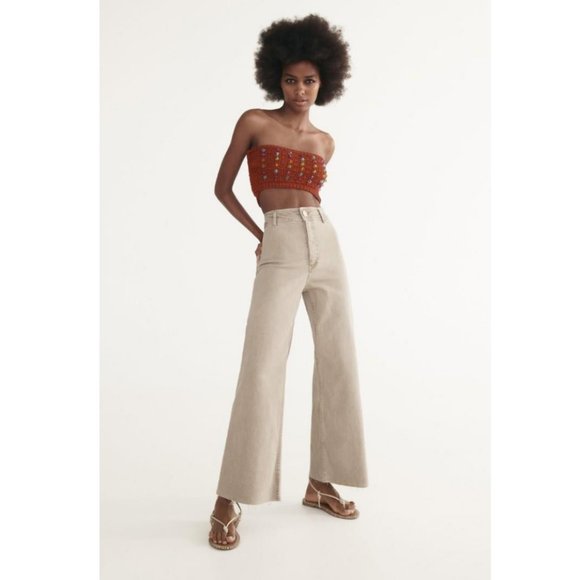 Zara Blogger Favorite Marine Straight High Waisted Flare Wide Leg Frayed Jeans - Picture 14 of 16